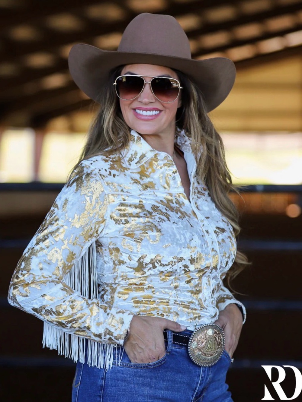 Ranch Dress’n GOLD GILDED VELVET WITH FRINGE PERFORMANCE RODEO SHIRT